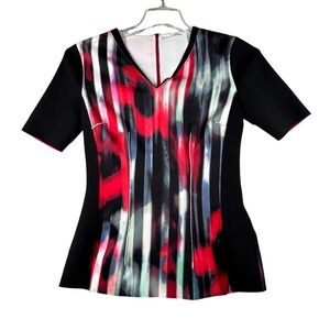 T Tahari Abstract Floral Print Top Small Black Red Scuba Shirt‎ Blouse Artistic